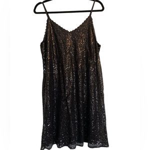 Kate Kasin Black Sequin Slip Dress Sleeveless Strappy Pullover Mid Thigh…